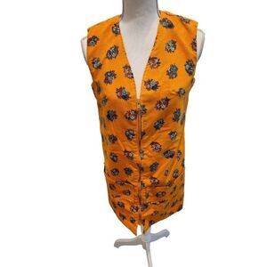 Vintage 70s Zip Front Floral Sleeveless Dress Smock House Coat M Yellow Orange